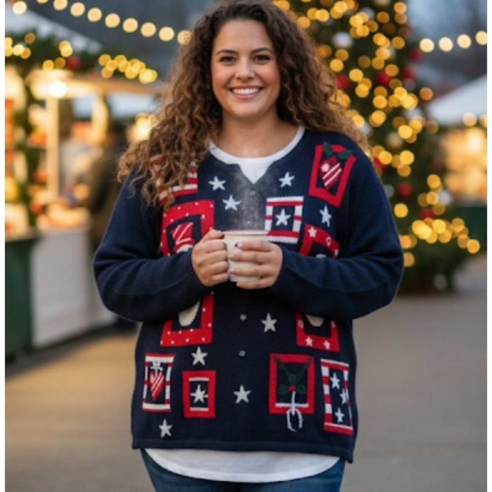 The Quacker Factory Cardigan Sweater Womens 1X Blue Patriotic Snowman Stars‎